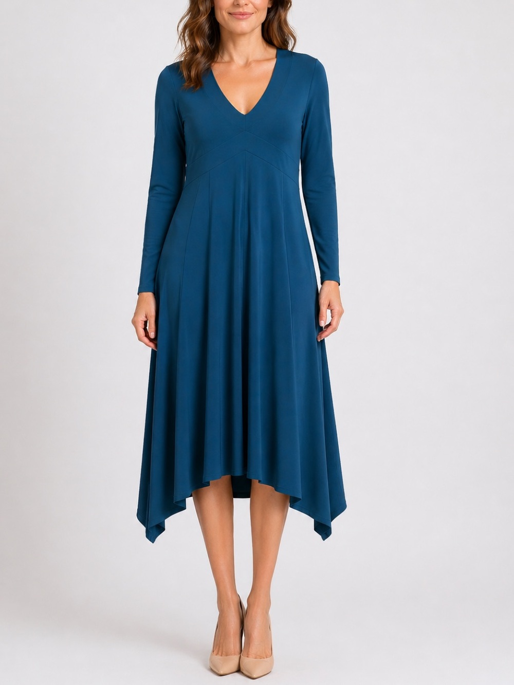 Sympli Canada Teal Asymmetric Long Sleeve Midi Dress 6 Slinky Travel Fit Flare